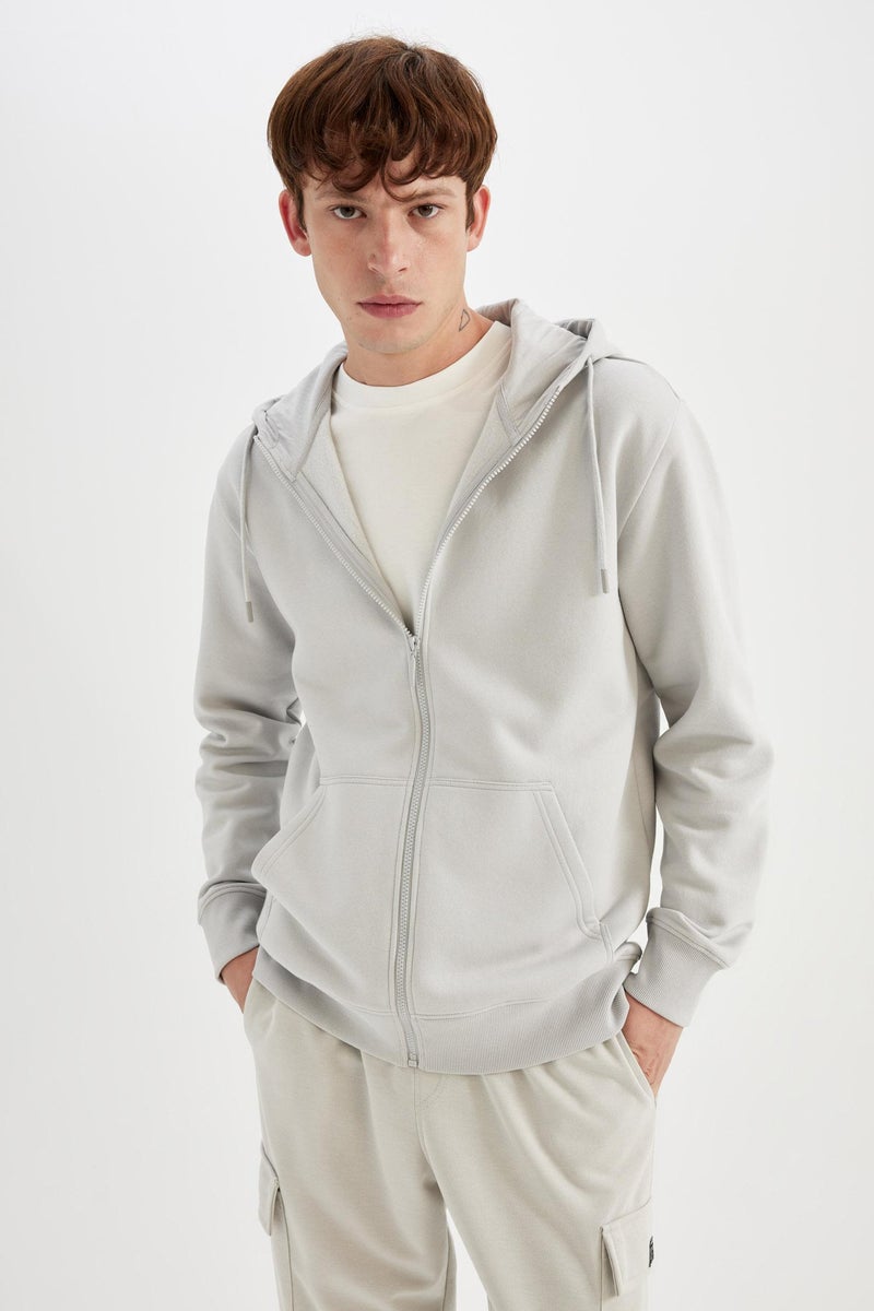 DeFacto Grey Man Regular Fit Hooded Soft Furry Inside Basic Zippered Sweatshirt Casual - Image 5